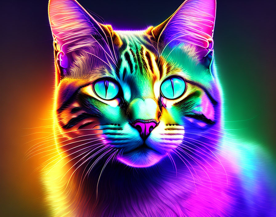 Colorful Digital Artwork: Neon Cat with Vibrant Fur and Glowing Eyes