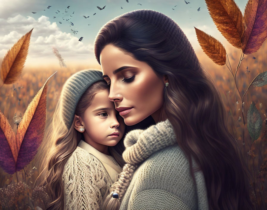 Digital illustration of serene woman and child embracing in autumnal setting