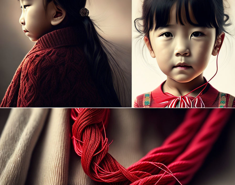 Young Girl in Red Sweater with Long Hair and Solemn Expression Close-Up Portrait.