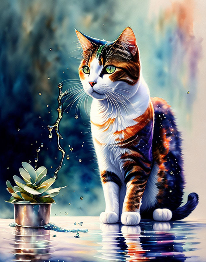 Colorful Tabby Cat with Succulent and Water Droplets