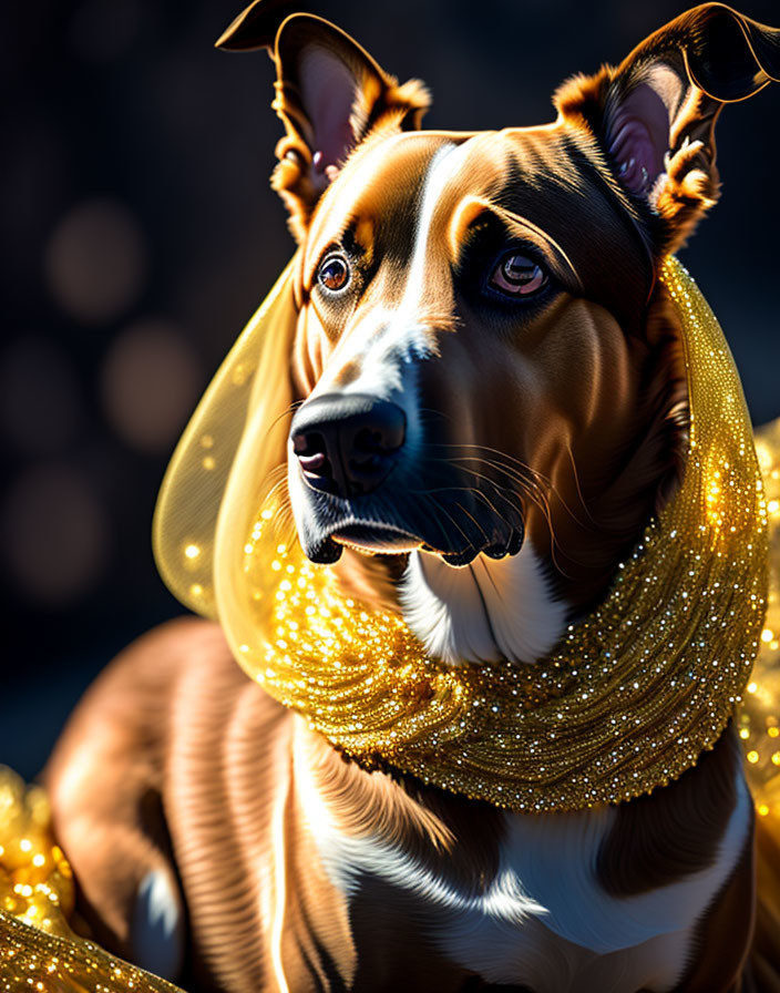 Brown and White Dog in Gold Fabric on Soft-focus Background