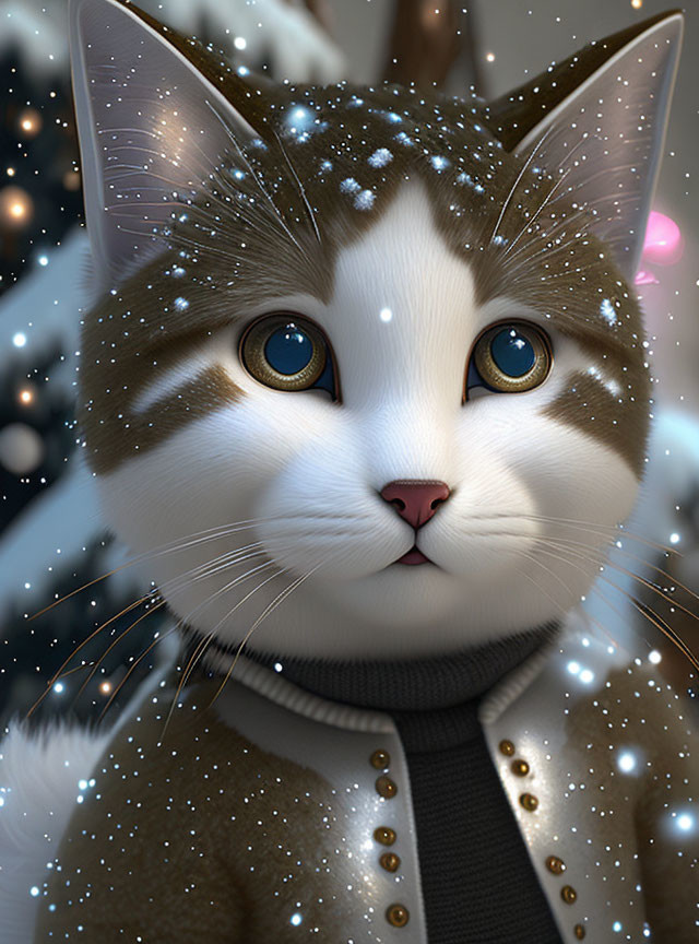 Detailed digital illustration of adorable cat with blue eyes, brown and white fur, wearing a jacket in snowy