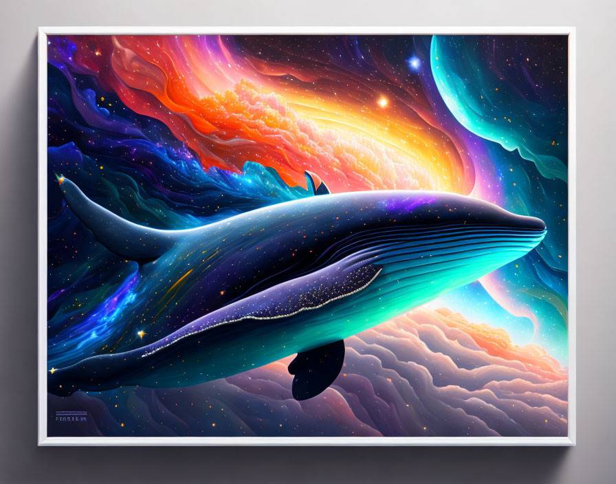 Majestic whale in cosmic backdrop with swirling nebulas