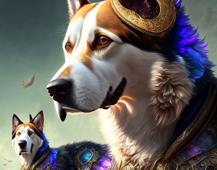 Regal dog with gold and gem-adorned headdress, smaller dog in background