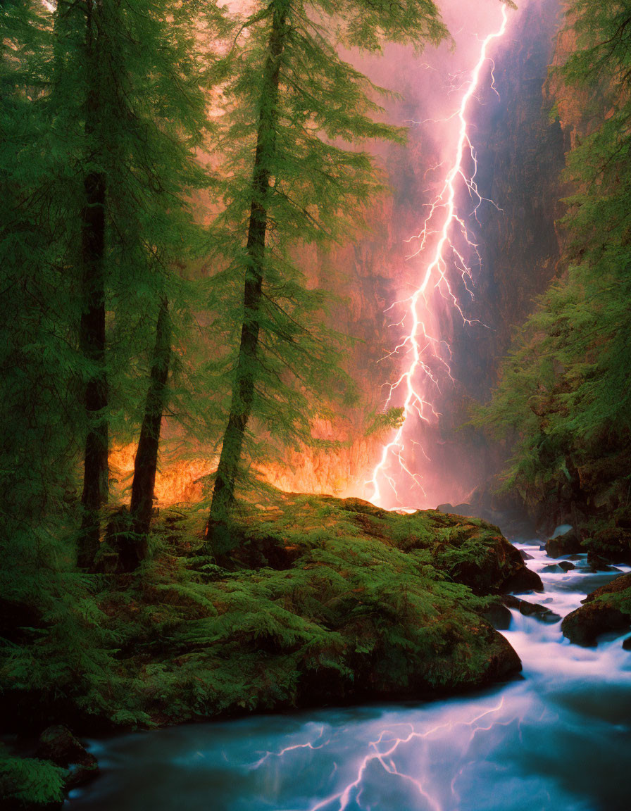 Vibrant lightning bolt in lush green forest by river