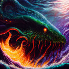 Colorful cephalopod creature in vibrant swirling painting