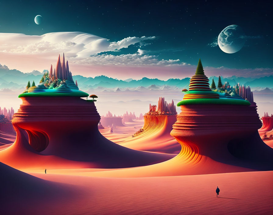 Vibrant surreal landscape with sand dunes, whimsical trees, two moons, lone figure,