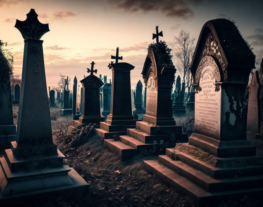 Ornate tombstones casting shadows in warm dusk light