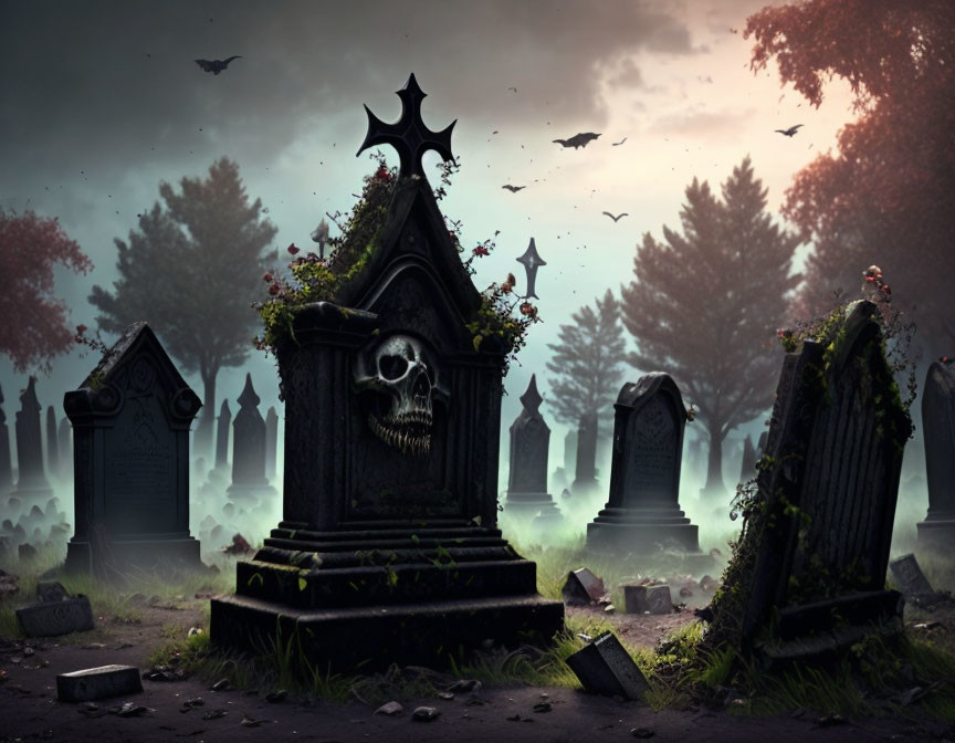 Eerie Gothic cemetery with fog, skull tombstone, bats, dusky sky