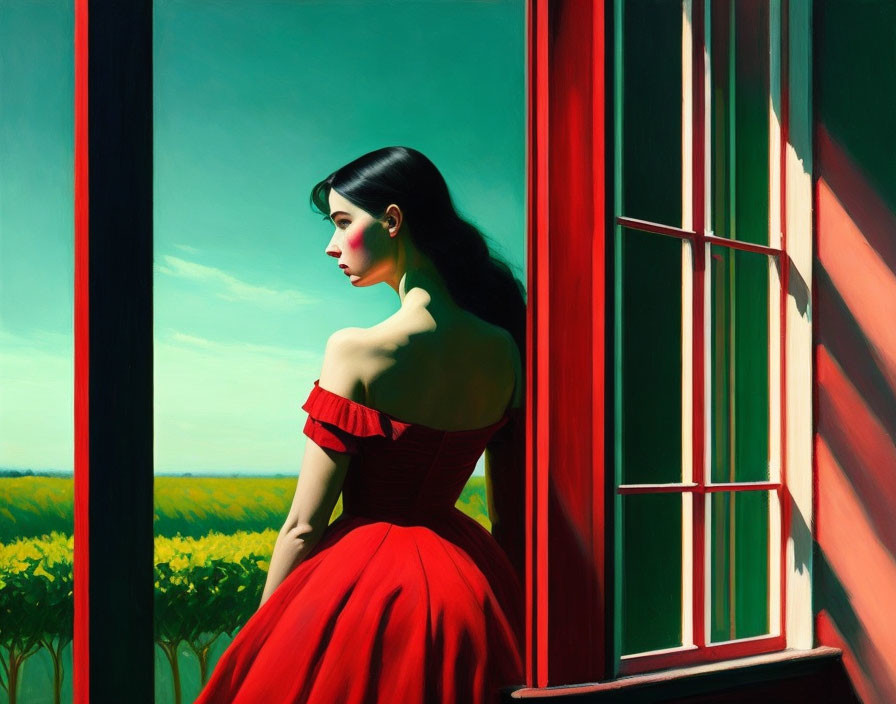 Woman in Red Dress Gazes at Bright Field from Window