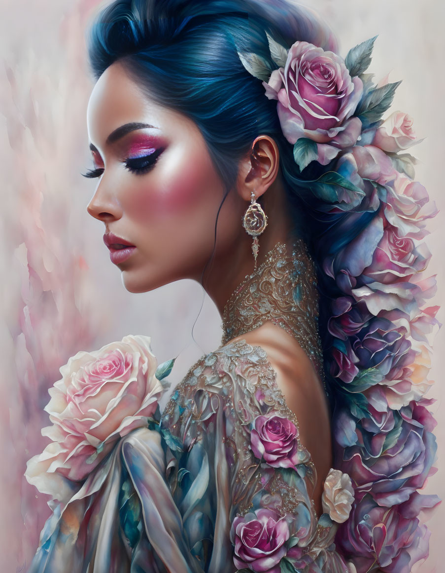 Vibrant blue hair and makeup merge with elegant floral design in portrait.