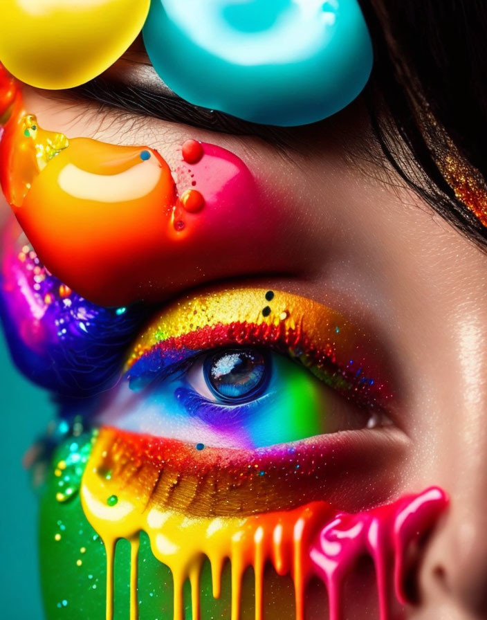 Eye with vibrant rainbow makeup and glossy multicolored droplets.