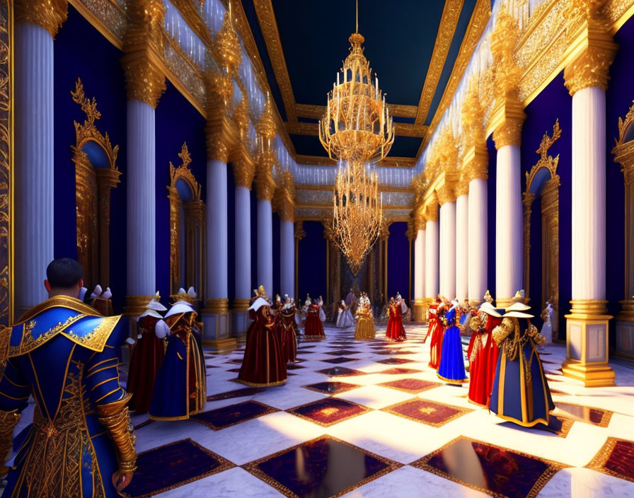 Opulent historical ballroom with golden columns and blue-gold color scheme