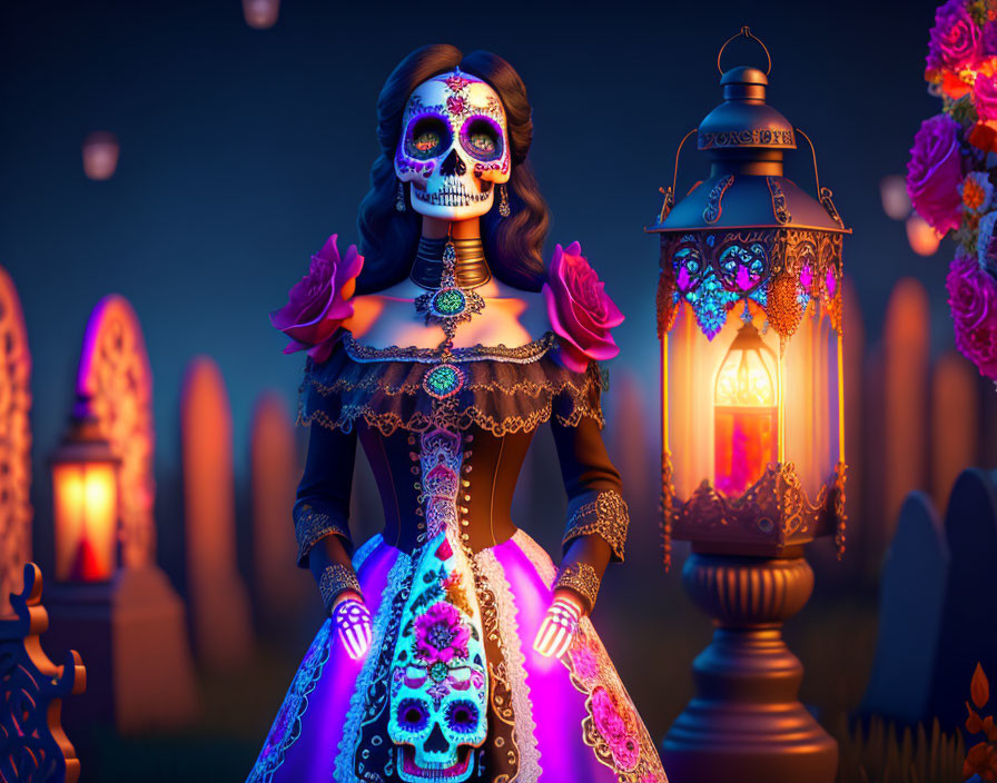 Catrina Dia de los Muertos figure in ornate dress with skull face paint beside lantern at night