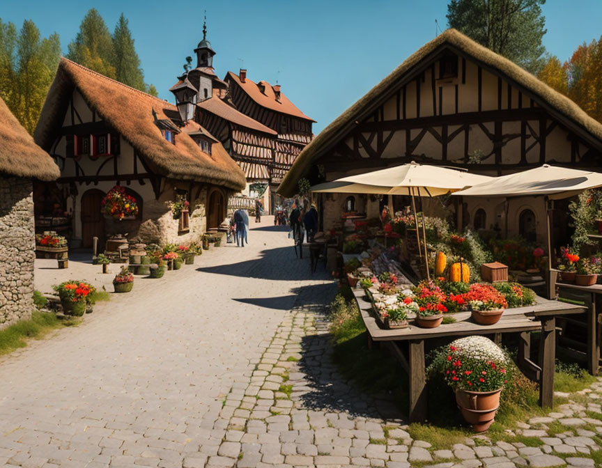 Picturesque European Village with Cobblestone Streets and Half-Timbered Buildings