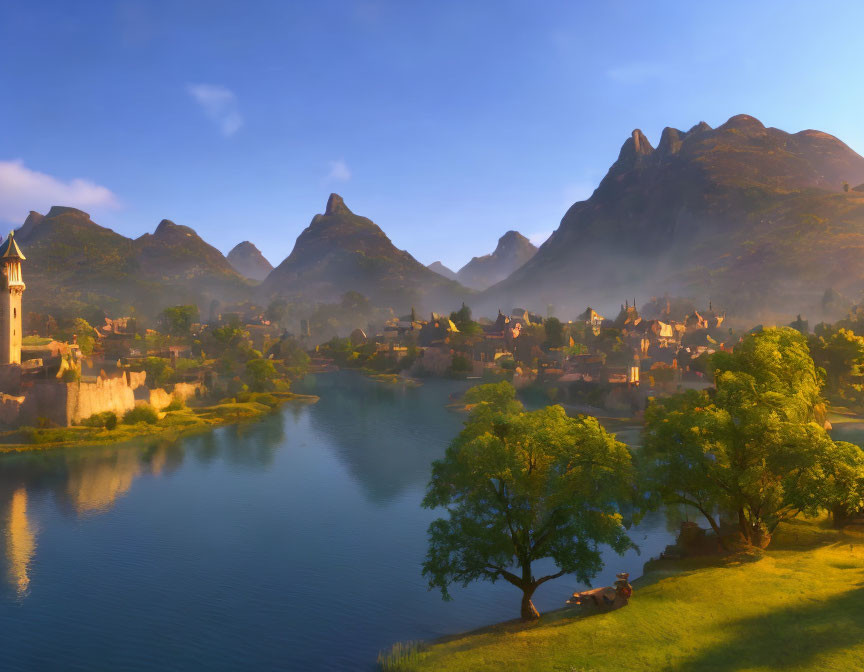 Scenic sunrise village by river with mist, mountains, lush green trees, and person.