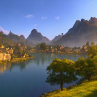 Scenic sunrise village by river with mist, mountains, lush green trees, and person.