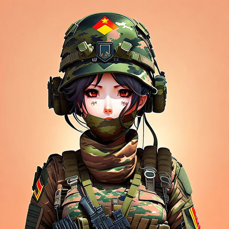 Person in Military Gear with Camo Pattern and Headset Illustration