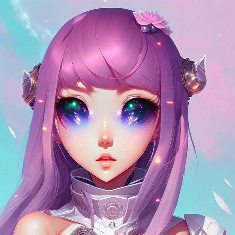 Illustrated character with star-filled eyes, purple hair, flower, headphones, and armor