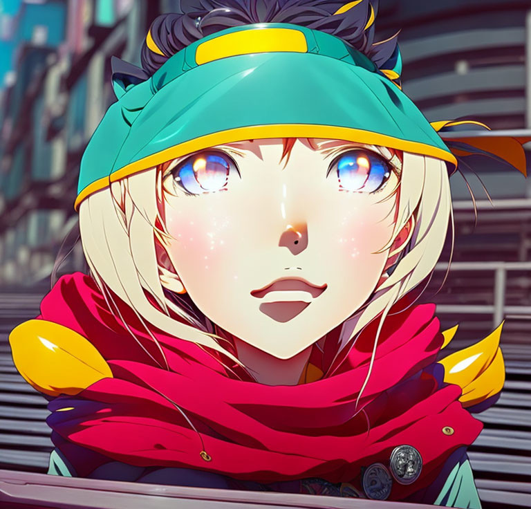 Anime character with bright blue eyes and blond hair in green hat and red scarf in colorful cityscape.