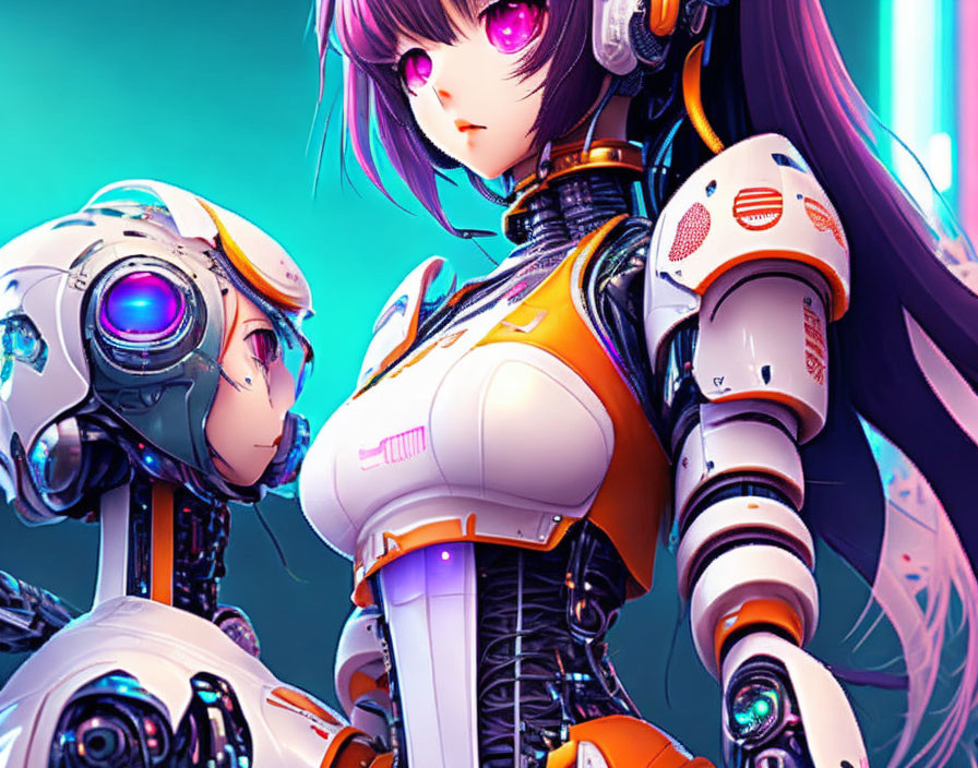 Female Android in Purple Hair & Cybernetic Suit Next to Robotic Head on Neon Backdrop