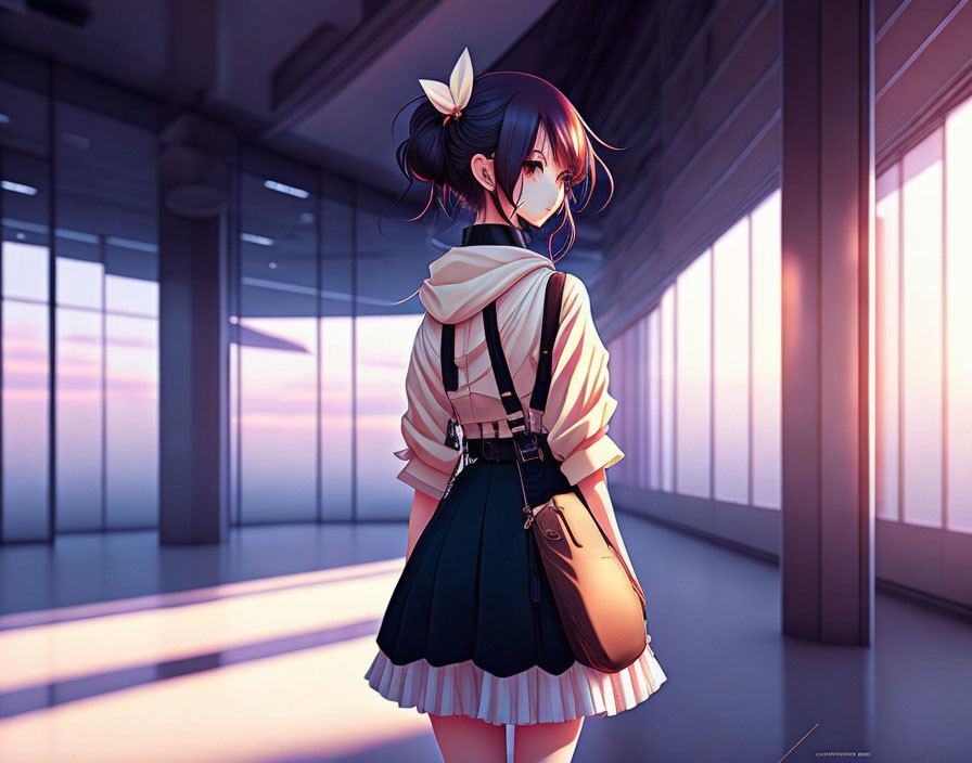 Black-haired girl with white bow in corridor at twilight.