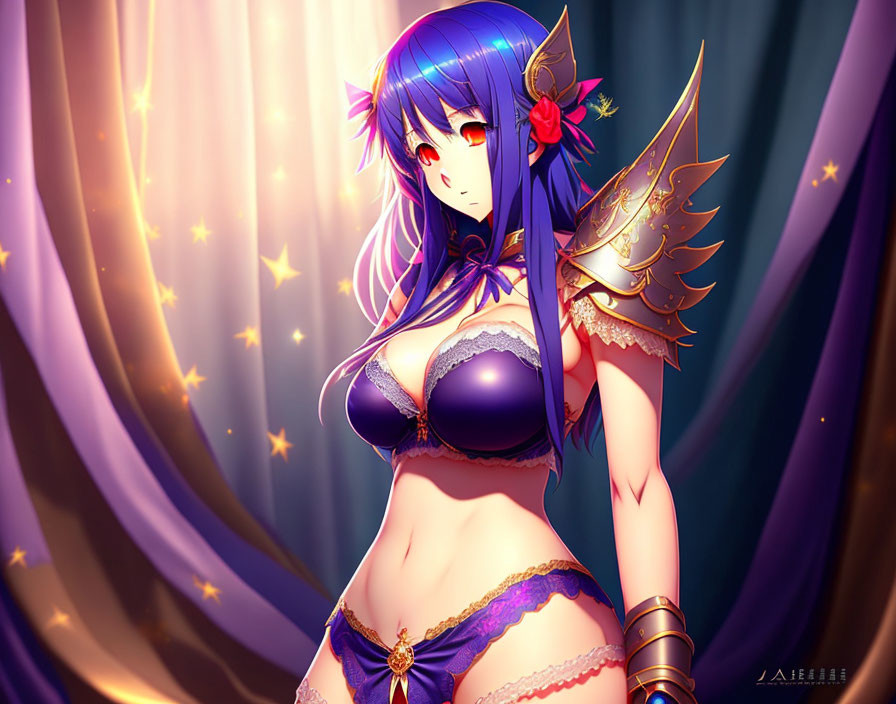 Blue-haired female character in golden armor against starry backdrop