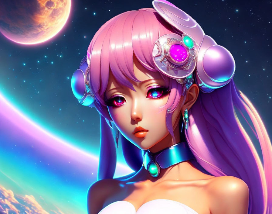 Pink-haired anime character with futuristic headphones in cosmic setting