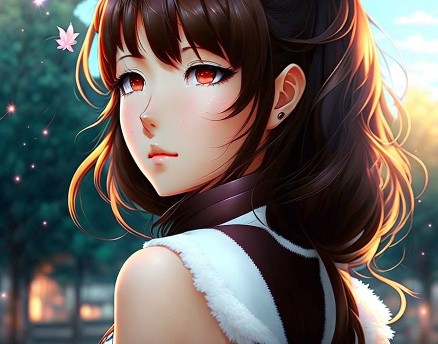 Illustration of a Girl with Sparkling Eyes and Long Brown Hair in Twilight Scene