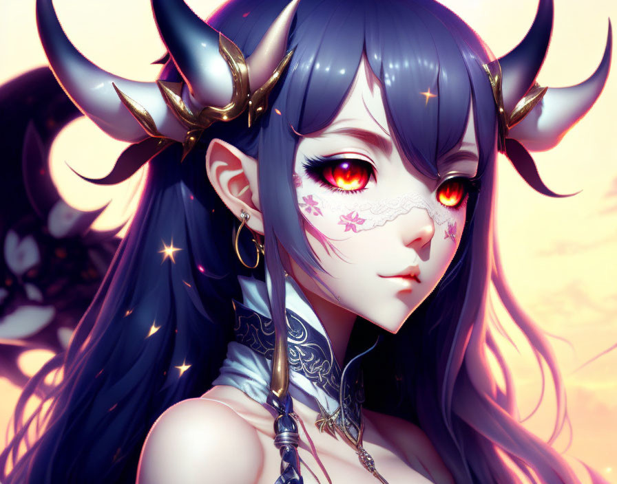 Fantasy illustration of girl with horns, red eyes, starry markings, and blue hair