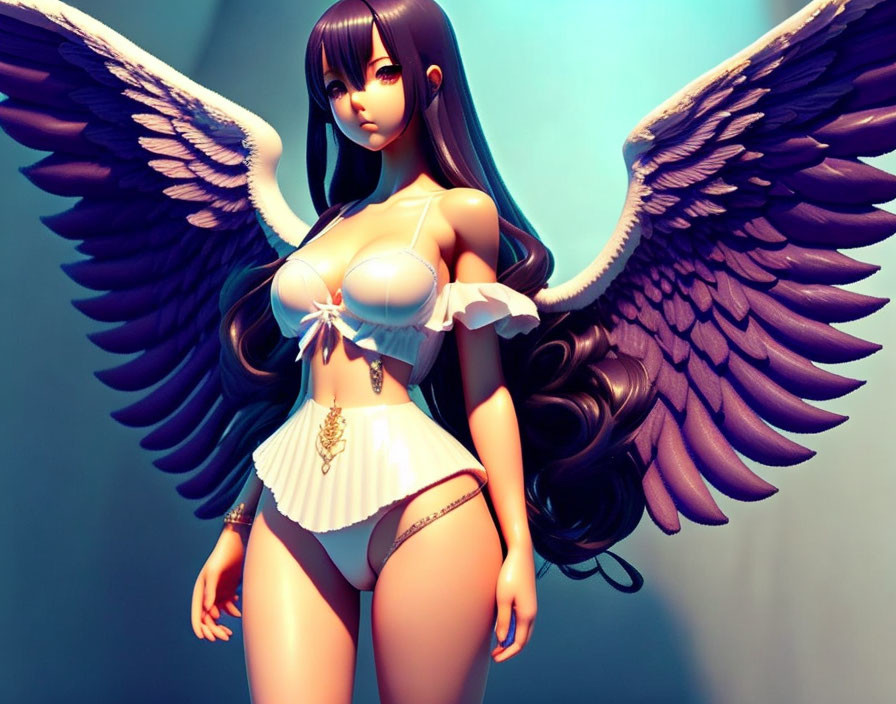 Female anime character with white and purple wings and blue outfit