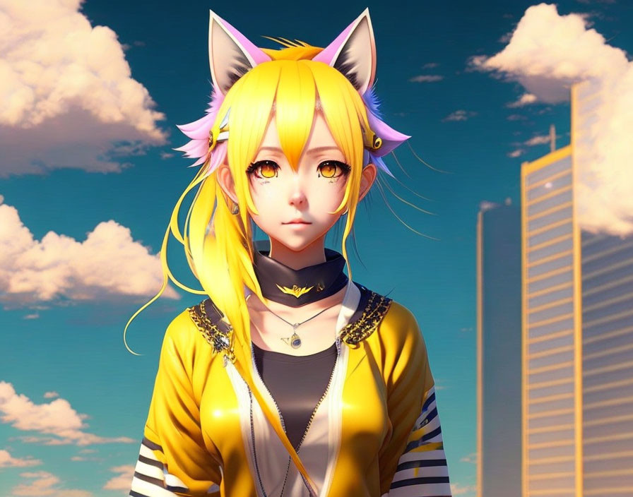 Anime-style girl with cat ears in yellow hoodie against cityscape.