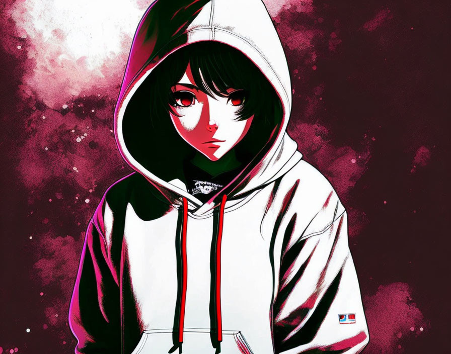 Dark-haired person in white hoodie against pink and crimson background