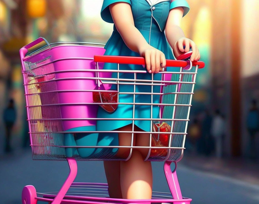 Woman in Blue Dress Pushing Shopping Cart on City Street