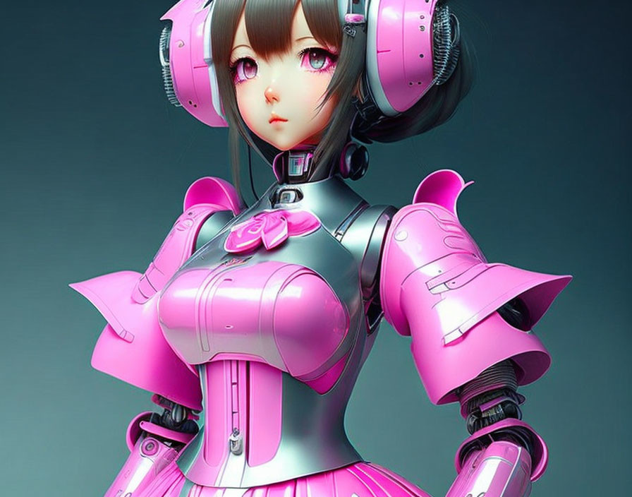 Anime-style female character in pink armor and headphones on teal background