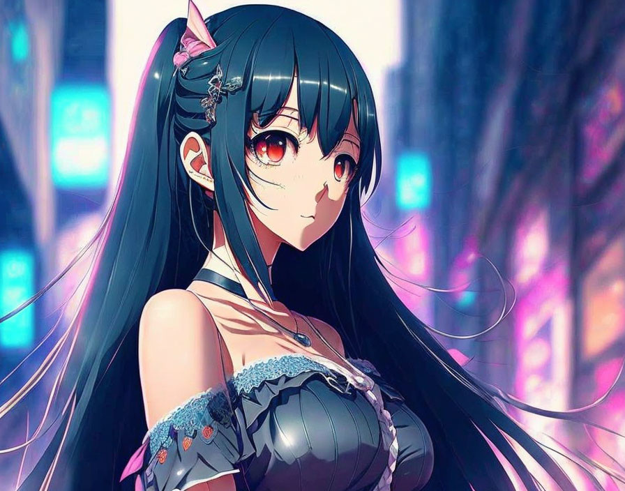 Long Black-Haired Anime Girl in Dark Dress on Neon Background