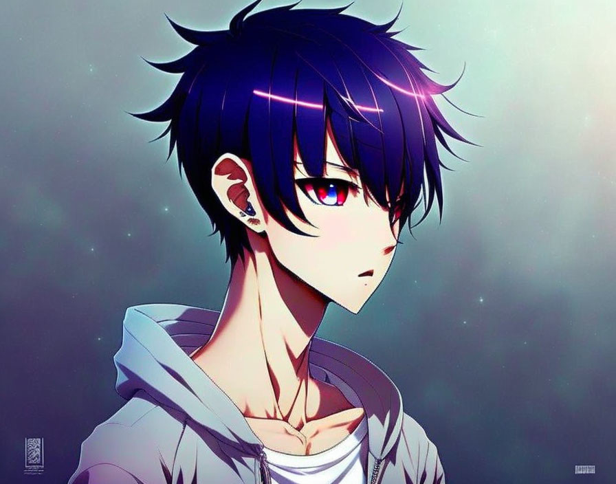 Anime character with black hair, left ear piercing, multicolored eyes, hoodie, starry background