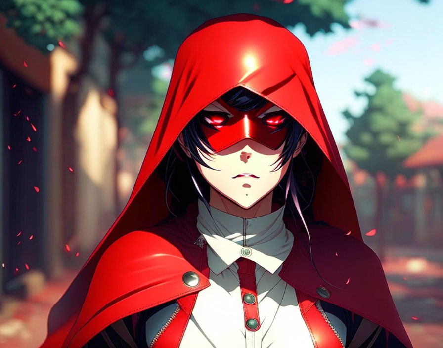 Stylized animated character with red hood and glowing eyes in forest setting