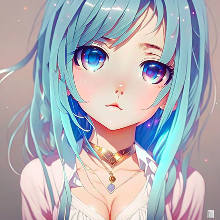 Girl with Large Blue Eyes and Aqua Hair, Blush, and Choker Necklace