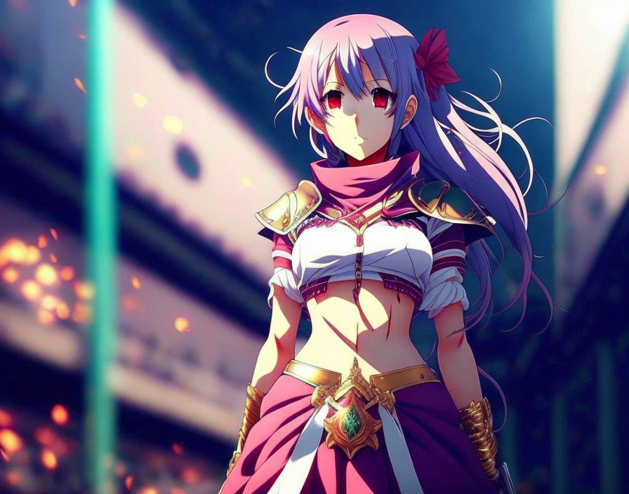 Pink-haired anime character in armor with red bow and purple outfit on blurred background.