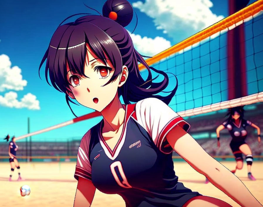 Anime-style image of girl playing volleyball on sandy court