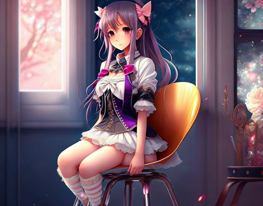 Colorful Anime Girl with Pink Hair in Maid Outfit Sitting by Window