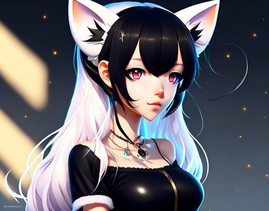 Black-haired anime character with cat ears and red eyes in night sky scene