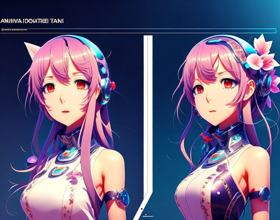 Anime girl with pink hair and blue headphones: Split image in light and shadow