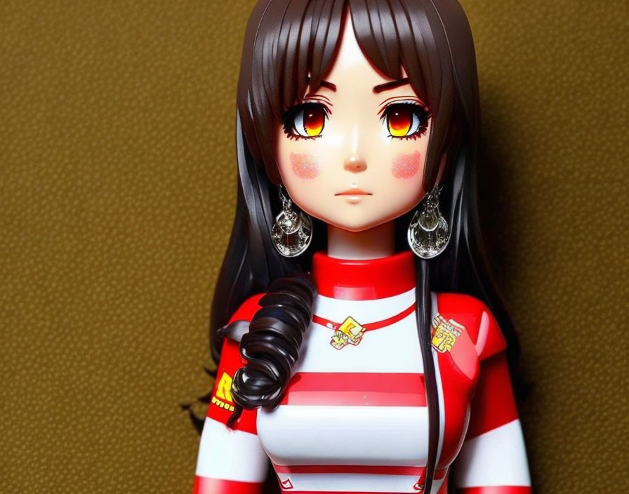 Brown-haired doll with big eyes in red and white striped outfit on textured brown background