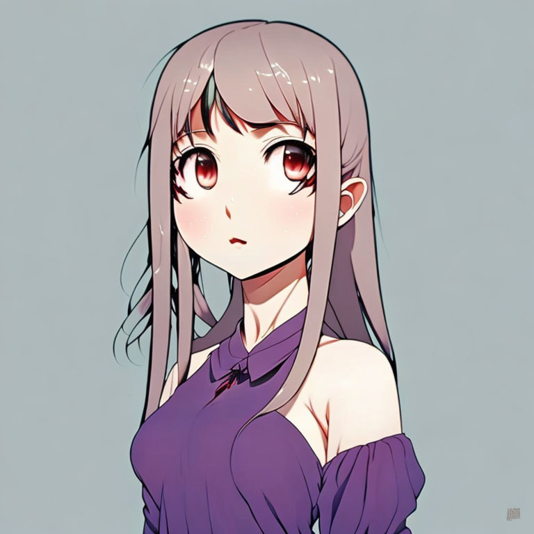 Anime-style girl with pink hair, red eyes, off-the-shoulder purple top.