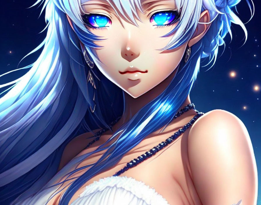 Blue-haired female character in white attire on starry night background