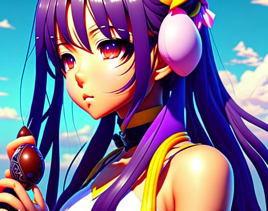 Anime-style illustration of a girl with purple hair and headphones against blue sky