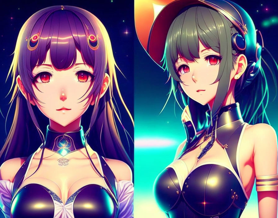 Stylized female anime characters in vibrant futuristic attire against cosmic backdrop