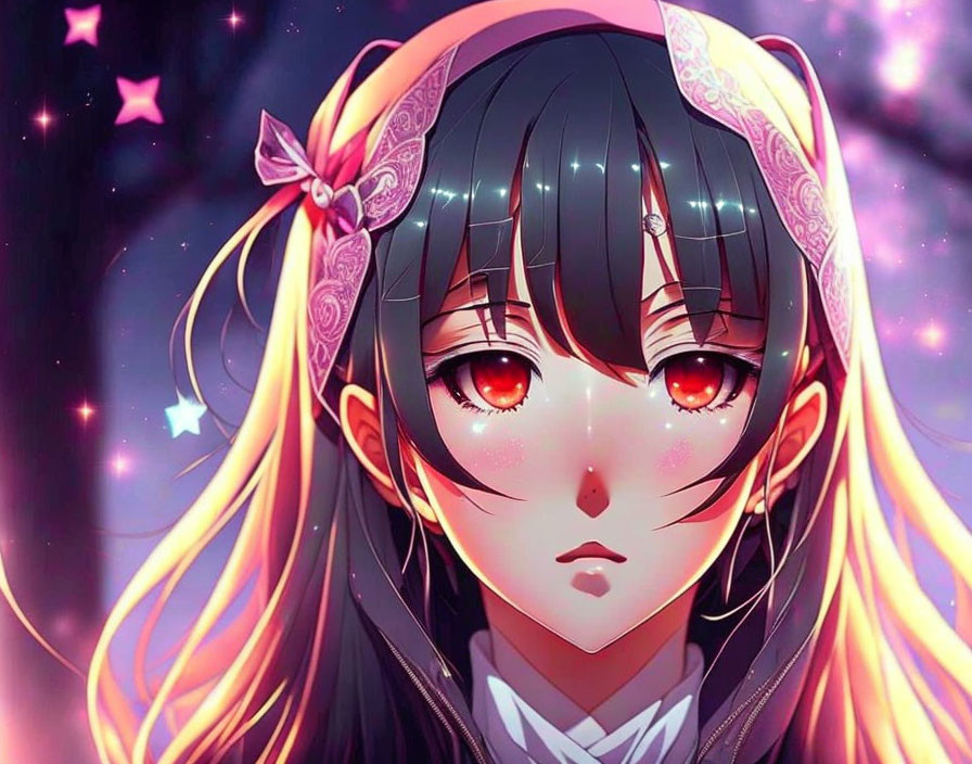 Long Black Hair Anime Girl with Red Ribbon and Sparkling Amber Eyes